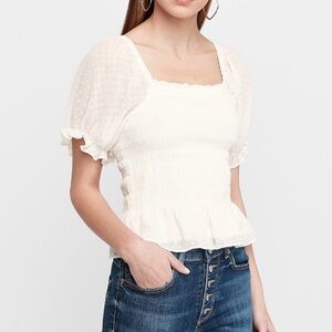 EXPRESS white smocked puff-sleeve peplum top size XS cottagecore boho minimalist